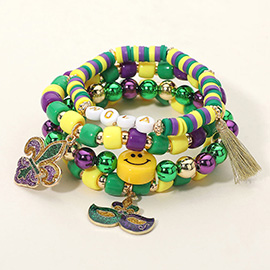 4PCS - Mardi Gras Eye Mask Fleur de Lis Charm Smile Beaded Stretch Multi Layered Bracelets