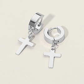 Stainless Steel Cross Charm Dangle Mini Huggie Hoop Earrings
