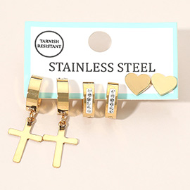3Pairs - Stainless Steel Cross Drop Dangle Rhinestone Line Huggie Mini Hoop Heart Stud Earring Set