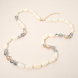 Chunky Oval Faceted Stone Marbled Pebble Beaded Long Necklace