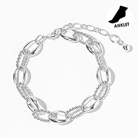 White Gold Dipped Textured Oval Link Chain Anklet