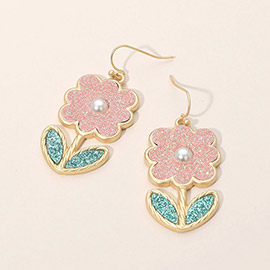 Pearl Accent Glitter Flower Charm Dangle Earrings