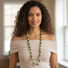 Mardi Gras Mask Charm Wooden Beaded Long Necklace