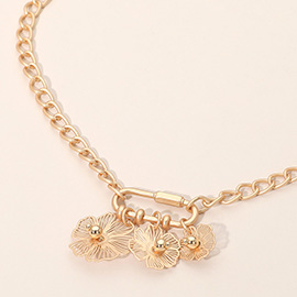 Metal Cutout Triple Flower Charm Carabiner Pendant Chain Necklace