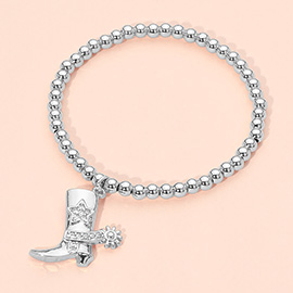 Stainless Steel CZ Stone Paved Star Accent Cowboy Boot Charm Beaded Stretch Bracelet