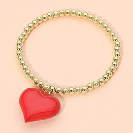 Glossy Heart Pendant Stainless Steel Beaded Stretch Bracelet