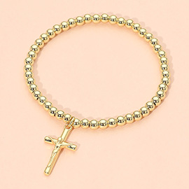 Stainless Steel Cross Charm Beaded Stretch Bracelet