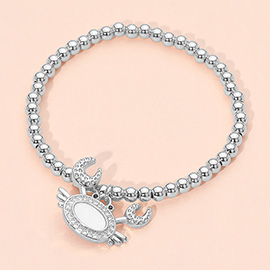 Stainless Steel Mother of Pearl CZ Stone Paved Crab Charm Beaded Stretch Bracelet