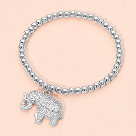 Stainless Steel CZ Stone Paved Elephant Charm Beaded Stretch Bracelet