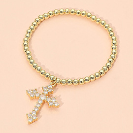 Stainless Steel CZ Cross Charm Beaded Stretch Bracelet