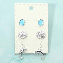 3Pairs - Sea Glass Sand Dollar Dolphin Earring Set
