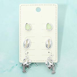 3Pairs - Sea Glass Shell Lobster Earring Set