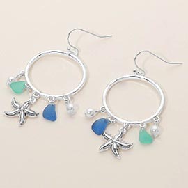 Starfish Sea Glass Charm Drop Open Ring Dangle Earrings