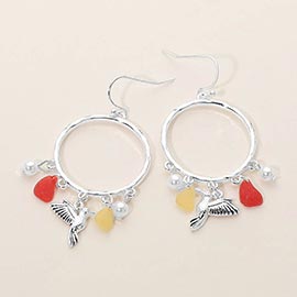 Hummingbird Sea Glass Charm Drop Open Ring Dangle Earrings