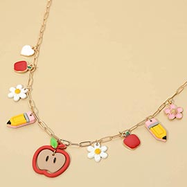 Apple Pencil Flower Charm Station Paperclip Chain Necklace