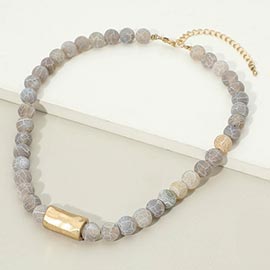 Hammered Metal Bar Accent Chunky Marbled Ball Beaded Necklace