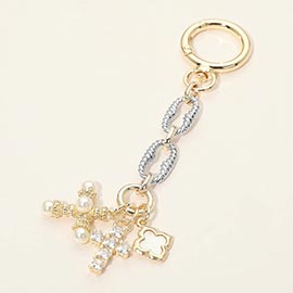 14K Gold Plated Two Tone CZ Paved Pearl Tip Cross Mother of Pearl Clover Charm Drop Bag Charm Keychain