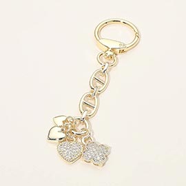 14K Gold Plated Triple Heart CZ Stone Paved Heart Flower Charm Drop Bag Charm Keychain