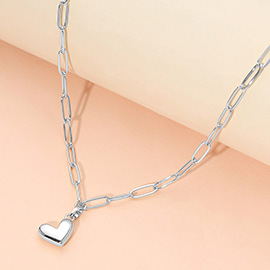 Stainless Steel Heart Pendant Paperclip Chain Necklace