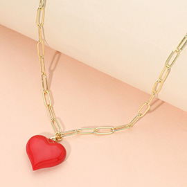 Glossy Heart Pendant Stainless Steel Paperclip Chain Necklace