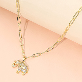 Stainless Steel CZ Stone Paved Elephant Charm Pendant Paperclip Chain Necklace