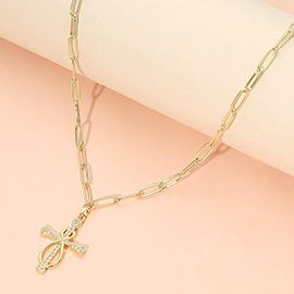 Stainless Steel CZ Stone Paved Knot Cross Charm Pendant Paperclip Chain Necklace