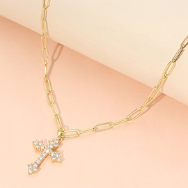 Stainless Steel CZ Cross Pendant Paperclip Chain Necklace