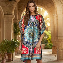 Medallion Print Resort Silky Kaftan Midi Dress