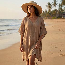 Solid Color V Neck Beach Cover Up Tunic Dress
