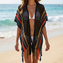 Open Front Crochet Fringe Beach Cover Up Kimono Poncho