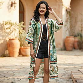 Open Front Silk Feel Ethnic Pattern Kimono Cover Up Poncho