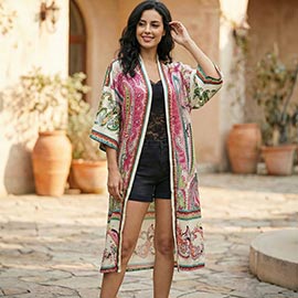 Open Front Silk Feel Ethnic Pattern Kimono Cover Up Poncho