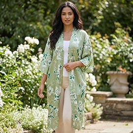 Silk Feel Floral Print Kimono Poncho