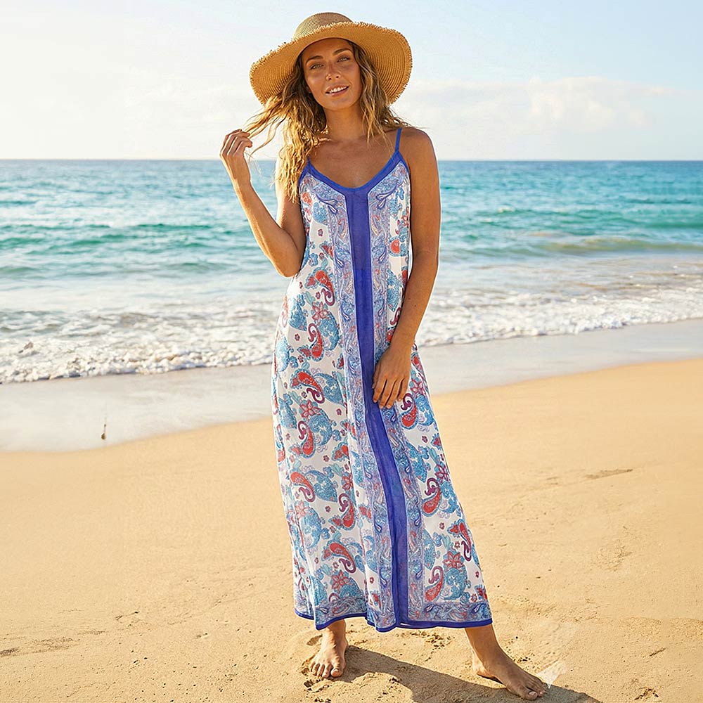 Boho Paisley Print Sleeveless Beach Maxi Dress