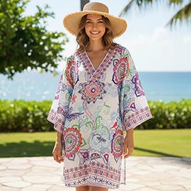 Colorful Boho Floral Print V-neck Tunic Dress