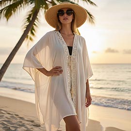 Boho Embroidered Open Front Tassel Tie Cover Up Kimono Poncho