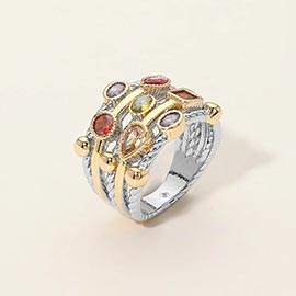 Multi CZ Stone Bezel Embellished Statement Ring