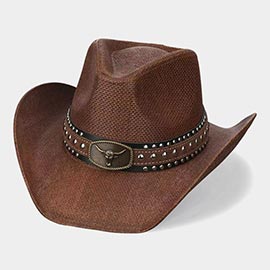 Boho Oval Steer Head Buckle Studded Faux Leather Band Straw Western Cowboy Hat