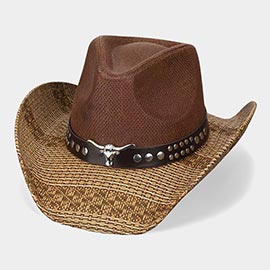 Boho Steer Head Accent Studded Faux Leather Band Woven Straw Western Cowboy Hat