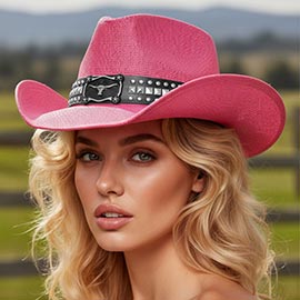 Metal Steer Head Buckle Studded Faux Leather Band Western Straw Cowboy Hat