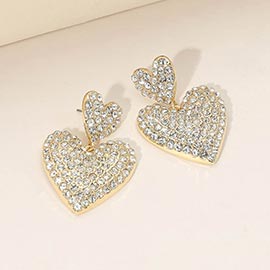 Gold Dipped Rhinestone Pave Double Heart Link Drop Earrings
