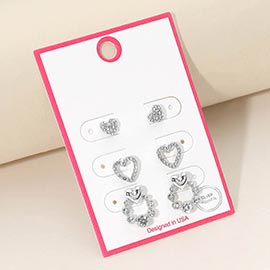 3Pairs - Silver Dipped Heart Wreath Stud Earring Set