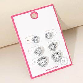 3Pairs - Silver Dipped Heart Halo Stud Earring Set