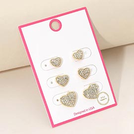3Pairs - Gold Dipped Stone Pave Heart Stud Earring Set