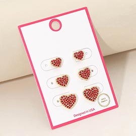 3Pairs - Gold Dipped Stone Pave Heart Stud Earring Set
