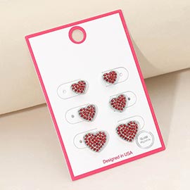 3Pairs - Silver Dipped Stone Pave Heart Stud Earring Set