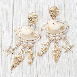 Pearl Embellished Starfish Seahorse Shell Charm Drop Statement Earrings