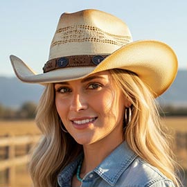 Aged Look Steer Head Concho Around Stitched Suede Band Western Straw Cowboy Hat