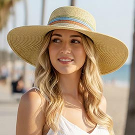 Multiple Stipe Band Wide Brim Straw Sun Hat