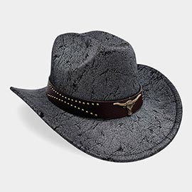 Steer Head Accent Studded Faux Leather Band Western Cowboy Hat